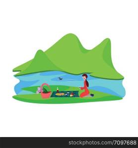 Woman on picnic, illustration, vector on white background.