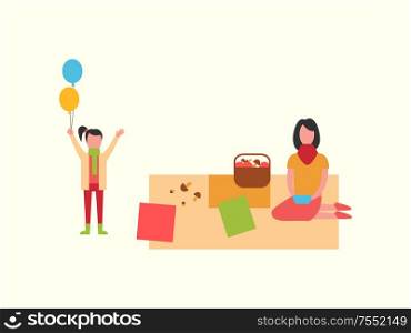 Woman on picnic sitting on blanket, child with balloons vector. Mushrooms gathered in basket, family mother and kid. Family spending time together. Woman on Picnic on Blanket, Child with Balloons