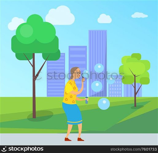 Woman on retirement vector, lady blowing in ring and making soap bubbles in city park, cityscape with buildings and skyscrapers, senior person fun. Aged Woman with Soap Bubbles in City Park Town