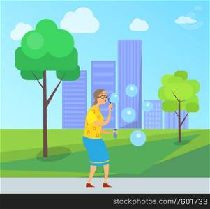 Woman on retirement vector, lady blowing in ring and making soap bubbles in city park, cityscape with buildings and skyscrapers, senior person fun. Aged Woman with Soap Bubbles in City Park Town