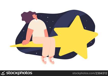 Woman on star. Girl flying in starry sky. Dreaming or success concept. Female relax, adult fly to own dreams, vector illustration. Star night sky, starry flying. Woman on star. Girl flying in starry sky. Dreaming or success concept. Female relax, adult fly to own dreams, vector illustration