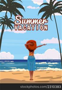 Woman on Summer Vacation, seaside resort in beach wear red hat enjoing rest. Tropical resort, palms, sea, ocean. Vector illustration retro isolated poster. Woman on Summer Vacation, seaside resort in beach wear red hat enjoing rest. Tropical resort, palms, sea, ocean. Vector illustration