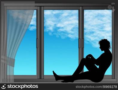 woman on the edge of window with curtain