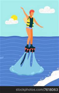 Woman on water skis surfing in sea or ocean. Leaves traces on water, beach and summer sport activities. Girl wearing life vest and helmet flyboarding. New spectacular extreme water sport. Woman on Water Skis Surfing in Sea or Ocean Vector
