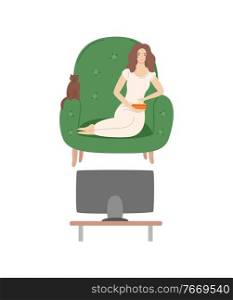 Woman on weekends vector, relaxation at home, lady with cat sitting in armchair eating food from bowl, comfortable furniture at home of female isolated. Woman Watching TV Sitting in Armchair with Cat