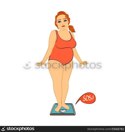 Woman on weight scales unhappy with her figure isolated vector illustration