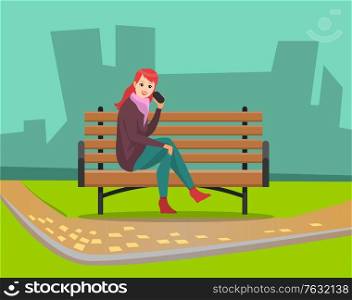 Woman on wooden bench in park, cityscape with buildings and skyscrapers. Lady talking on phone discussing news with friends, relaxing character. Vector illustration in flat cartoon style. Woman Talking on Phone Sitting in Park Vector
