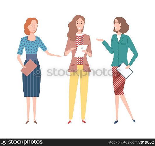 Woman on work vector, people with documents and papers in hands, colleagues discussing working process and details of job, business meeting flat style. Working Ladies with Reports and Documents Pages