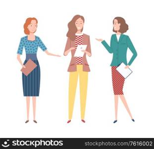 Woman on work vector, people with documents and papers in hands, colleagues discussing working process and details of job, business meeting flat style. Working Ladies with Reports and Documents Pages