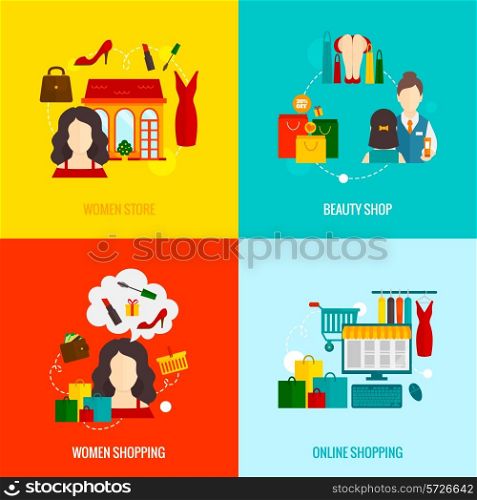 Woman online shopping design concepts set with beauty store flat icons set isolated vector illustration