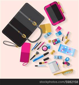 Woman open handbag content flat poster. Woman open handbag content with makeup items cosmetic case smartphone purse and beauty accessories abstract vector illustration