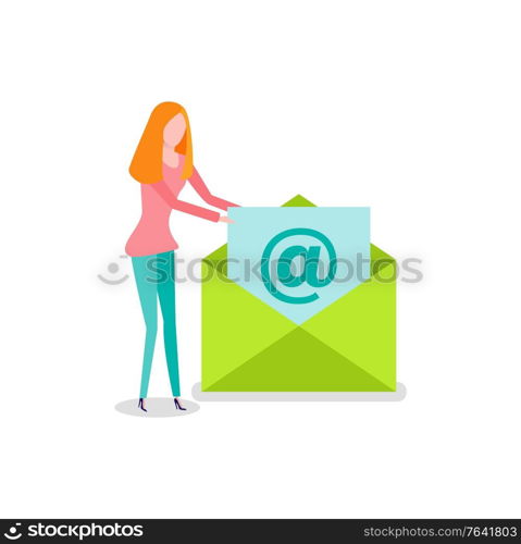 Woman opening envelope, letter with symbol of email, female holding message paper. Person with postcard, newsletter with stamp, communication vector. Woman Opening Envelope, Email Newsletter Vector