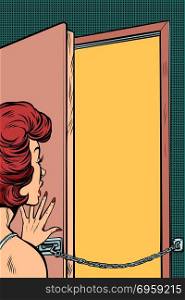 woman opens the door. A woman opens the door. Pop art retro vector illustration comic cartoon kitsch drawing. woman opens the door
