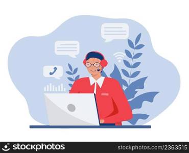 woman operators in headset advising customers flat style design.Call center workers help clients.Call center, hotline flat vector. illustrator.