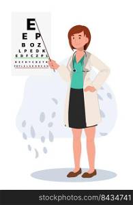 Woman Ophthalmologist Doctor in Medical Uniform Pointing at Eye Chart.Flat vector cartoon character illustration
