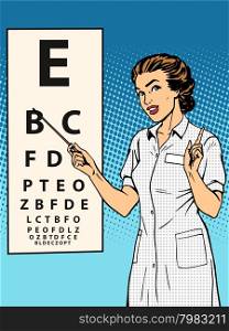 Woman ophthalmologist table verification of view pop art retro style. Medicine and eye health. Woman ophthalmologist table verification of view