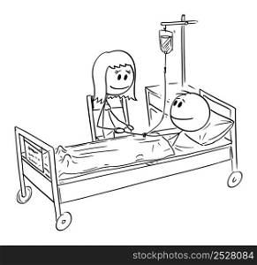Woman or daughter or mother visiting patient in hospital , vector cartoon stick figure or character illustration.. Woman Visiting Friend or Husband Who is Patient in Hospital , Vector Cartoon Stick Figure Illustration