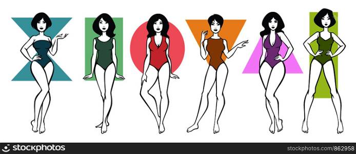 Woman or girl body types for clothing fit. vector flat isolated icons of female body build shapes for clothes fitting rounded, hourglass or rectangle and triangle. Woman or girl body types vector flat isolated icons for clothing fit