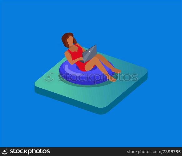 Woman or girl having rest in pool and working on freelance. Isometric character in swimming circle with laptop. Remote workplace for businesswoman.. Freelancer Worker Girl Relaxing in Swimming Circle