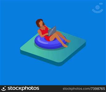 Woman or girl having rest in pool and working on freelance. Isometric character in swimming circle with laptop. Remote workplace for businesswoman.. Freelancer Worker Girl Relaxing in Swimming Circle