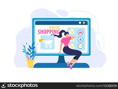 Woman Order Online. Shopping at Computer Screen Vector Illustration. Girl Call Smartphone Mobile App. Buy at Home. Ecommerce Internet Business. Store Purchase. Delivery Service. Phone Payment Sale. Woman Order Online Shopping Computer Screen App