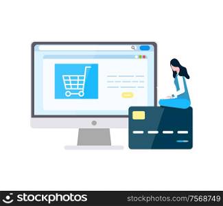 Woman ordering things online purchasing items from store vector. Girl sitting on plastic credit card looking at screen of computer, lady with money. Woman Ordering Online, Purchasing Items with Card
