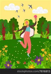Woman outdoors in green park or garden with flower bouquet, birds flying at sky. Vector cartoon person and blooming plants, summertime scenery and female. Woman Outdoors in Green Park or Garden with Flower