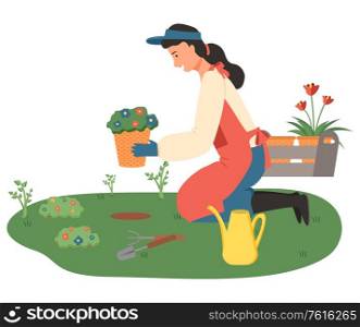 Woman outdoors with flowers vector, lady gardening isolated person with pots and tools for growing flora for home decoration isolated person flat style. Woman Gardening, Lady with Flowers in Pots Vector