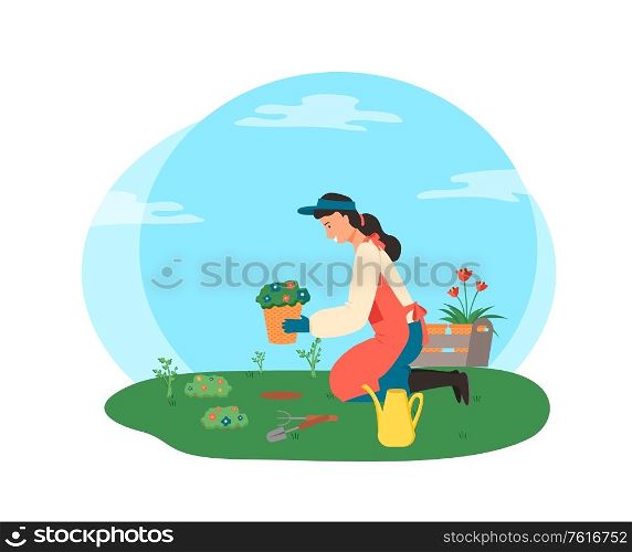 Woman outdoors with flowers vector, lady gardening isolated person with pots and tools for growing flora for home decoration isolated person flat style. Woman Gardening, Lady with Flowers in Pots Vector