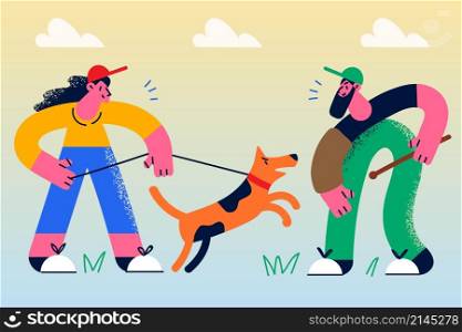 Woman owner with dog have training with specialist outdoors. Girl at class with puppy learn commands with canine handler. Domestic animal or pet lessons. Flat vector illustration. . Woman have training with dog and pet handler
