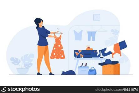 Woman packing bag for travel. Girl preparing her luggage for vacation flat vector illustration. Vacation concept for banner, website design or landing web page