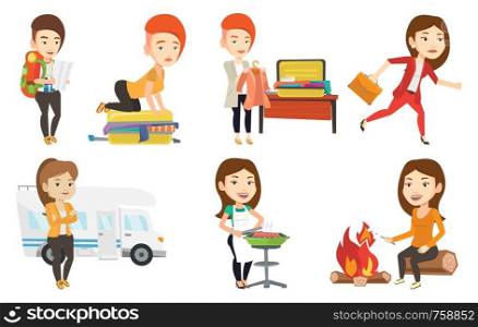 Woman packing her clothes in suitcase. Woman putting a jacket into a suitcase. Woman sitting on suitcase and trying to close it. Set of vector flat design illustrations isolated on white background.. Vector set of traveling people.