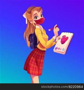 Woman painter in face mask with notebook and pencil. Girl student drawing pink heart in album. Vector cartoon girl with backpack, paper and marker. Young woman in medical mask create sketch. Woman painter in face mask draw in album