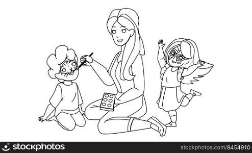 Woman Painting Children Face With Paint Vector. Young Lady Painting Children Face, Schoolboy Like Tiger And Schoolgirl With Butterfly. Characters Enjoying Together black line illustration. Woman Painting Children Face With Paint Vector