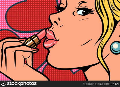 Woman paints lips with lipstick. Beauty and cosmetics. Comic caricature vector pop art retro illustration drawing. Woman paints lips with lipstick