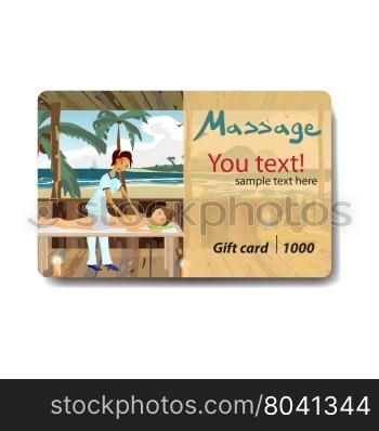 Woman pampering herself by enjoying day spa massage on the beach. Sale discount gift card. Branding design for massage salon