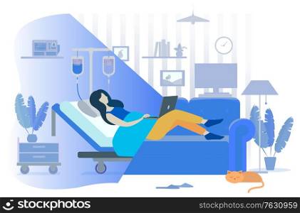 Woman patient lying in hospital or at home using laptop, doctor online. Person with dropper, communication with laptop and treatment, healthcare app. Vector illustration in flat cartoon style. Patient Treatment, Online Doctor, Hospital Vector