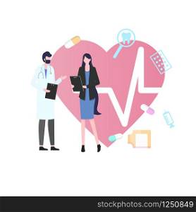 Woman Patient Man Doctor with Stethoscope Medical Consultation Vector Illustration. Cardiology Concept Heart Disease Treatment Heartbeat Pulse Check Medication Prescription Insurance Protection. Woman Patient Man Doctor Medical Consultation