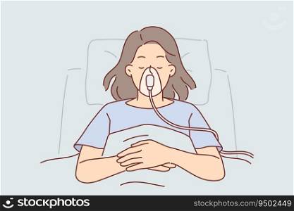 Woman patient of clinic with oxygen mask on face lies in hospital room connected to ventilator. Young girl patient is unconscious after accident in need of surgery or organ transplant. Woman patient of clinic with oxygen mask on face lies in hospital room connected to ventilator