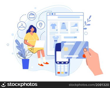 Woman pay credit card in online shop. Vector woman buy and pay online, internet business design store, screen device illustration. Woman pay credit card in online shop