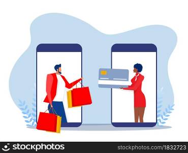 Woman pay via apps Mobile banking app and payment by credit card via electronic wallet wirelessly. vector illustration