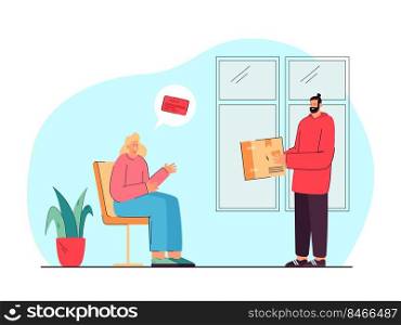 Woman paying by credit card for delivery of purchases. Courier delivering order box to customers home flat vector illustration. Online payment concept for banner, website design or landing web page. Woman paying by credit card for delivery of purchases