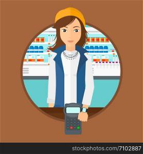 Woman paying wireless with her smart watch at the supermarket. Female customer making payment for purchase with smart watch. Vector flat design illustration in the circle isolated on background.. Woman paying wireless with smart watch.