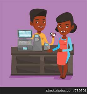 Woman paying wireless with her smartphone at the supermarket checkout. Customer making payment for purchase with smartphone. Cashier accepting payment. Vector flat design illustration. Square layout.. Customer paying wireless with smartphone.