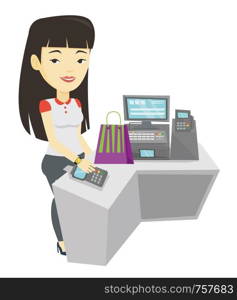 Woman paying wireless with smart watch at checkout counter. Customer making payment for purchase with smart watch. Woman doing shopping. Vector flat design illustration isolated on white background.. Woman paying wireless with smart watch.