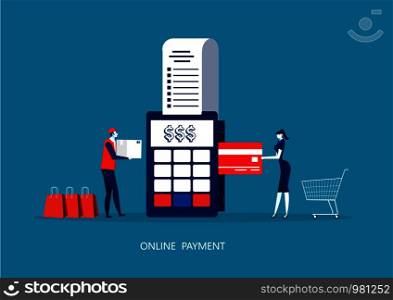 woman payment with POS terminal and credit card. ?ontactless technology concept. Online shopping. Vector illustration.