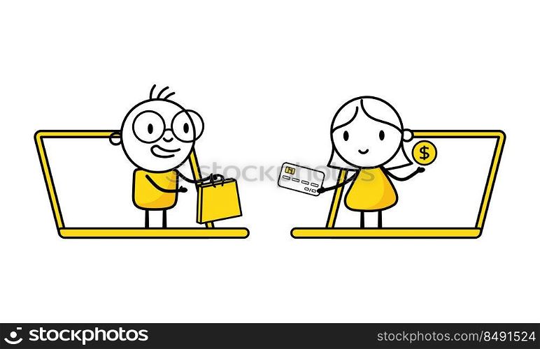 Woman pays for her purchase with a credit card holding it out to the seller through the laptop screen. Digital marketing, online buying and payment concept. Vector stock illustration.