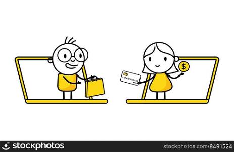 Woman pays for her purchase with a credit card holding it out to the seller through the laptop screen. Digital marketing, online buying and payment concept. Vector stock illustration.