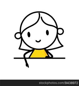 Woman peeking out and points his finger at the empty space. Cartoon figure drawing concept illustration. Vector stock illustration