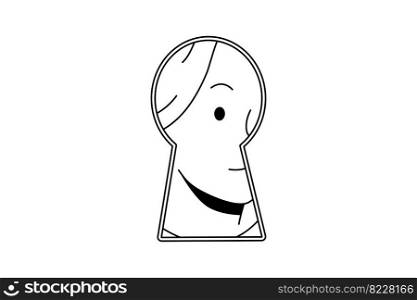 Woman peep in keyhole looking for secret or hidden information. Curious suspicious female interested in secrecy or gossips. Vector illustration. . Woman peep in keyhole look for secret 